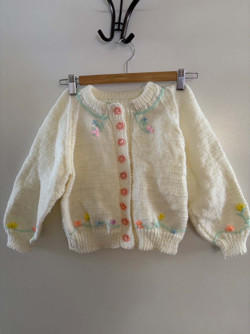 Vintage homemade little girls floral cardigan sweater with coral clear buttons